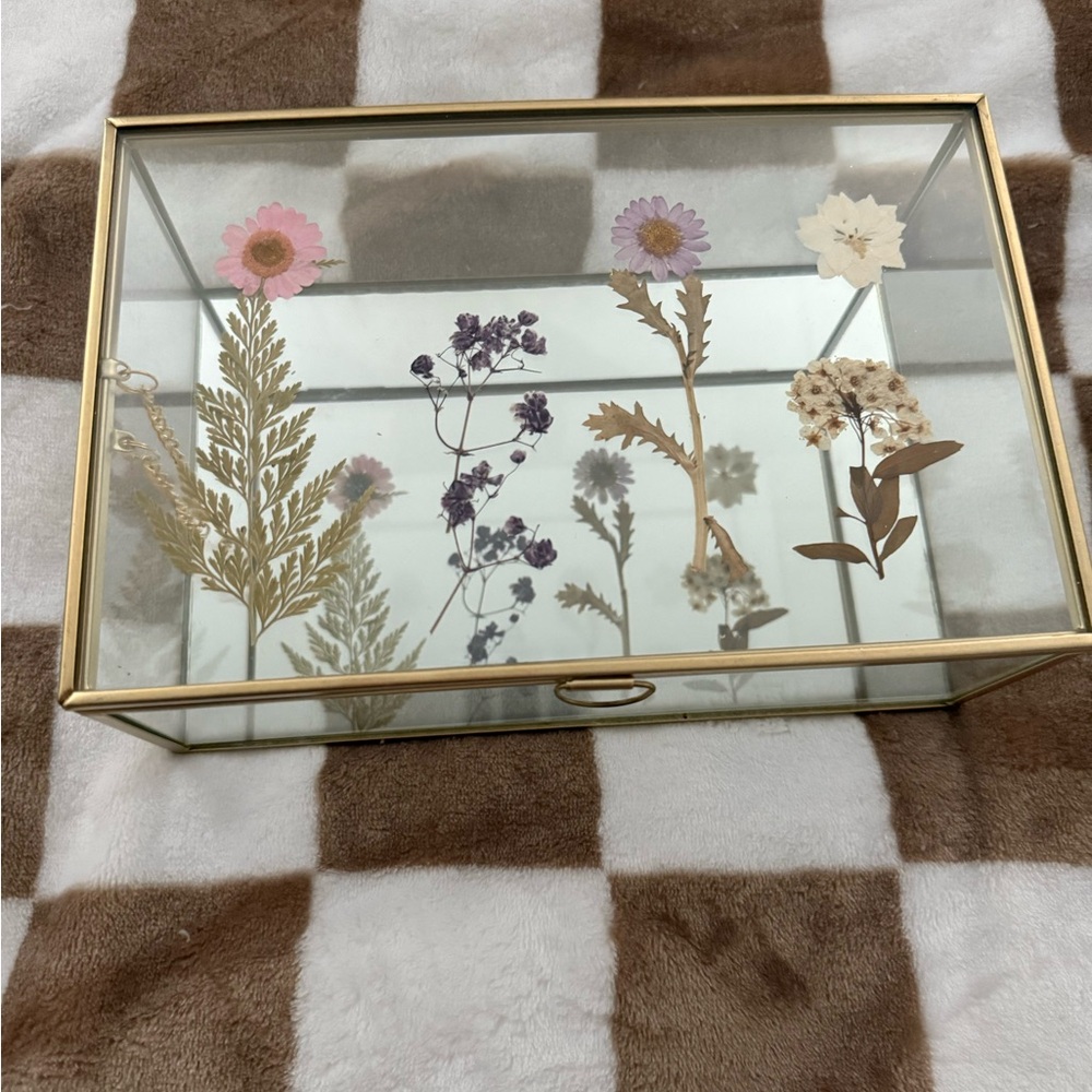 Glass Display Box with Pressed Flowers and Gold Frame